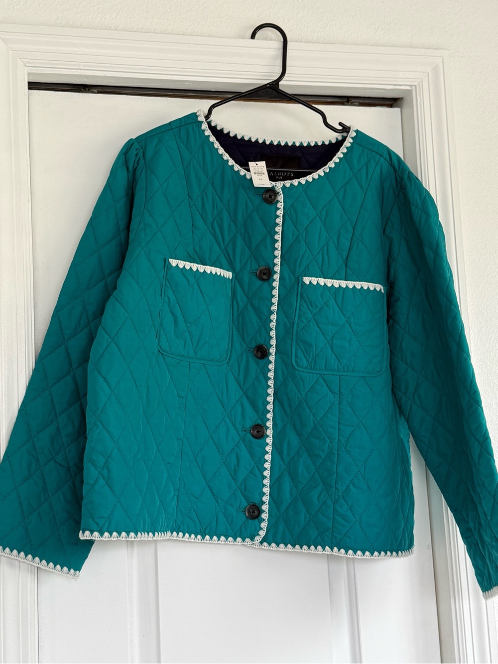 Talbots Teal Quilted Jacket with White Scalloped Trim